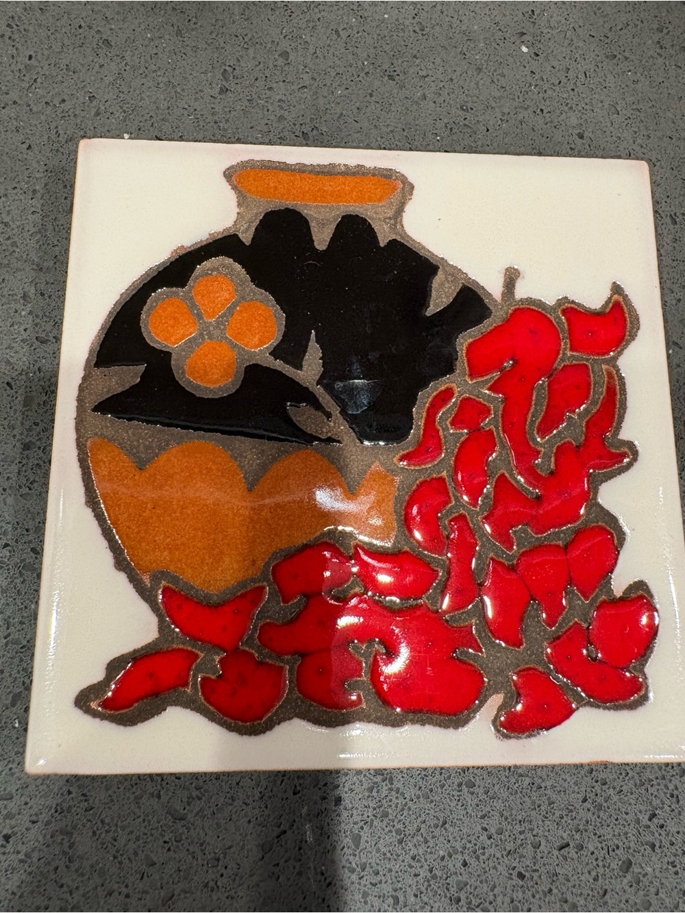 Christine Fitzgerald Design Decorative Ceramic Trivet with Red Floral Design